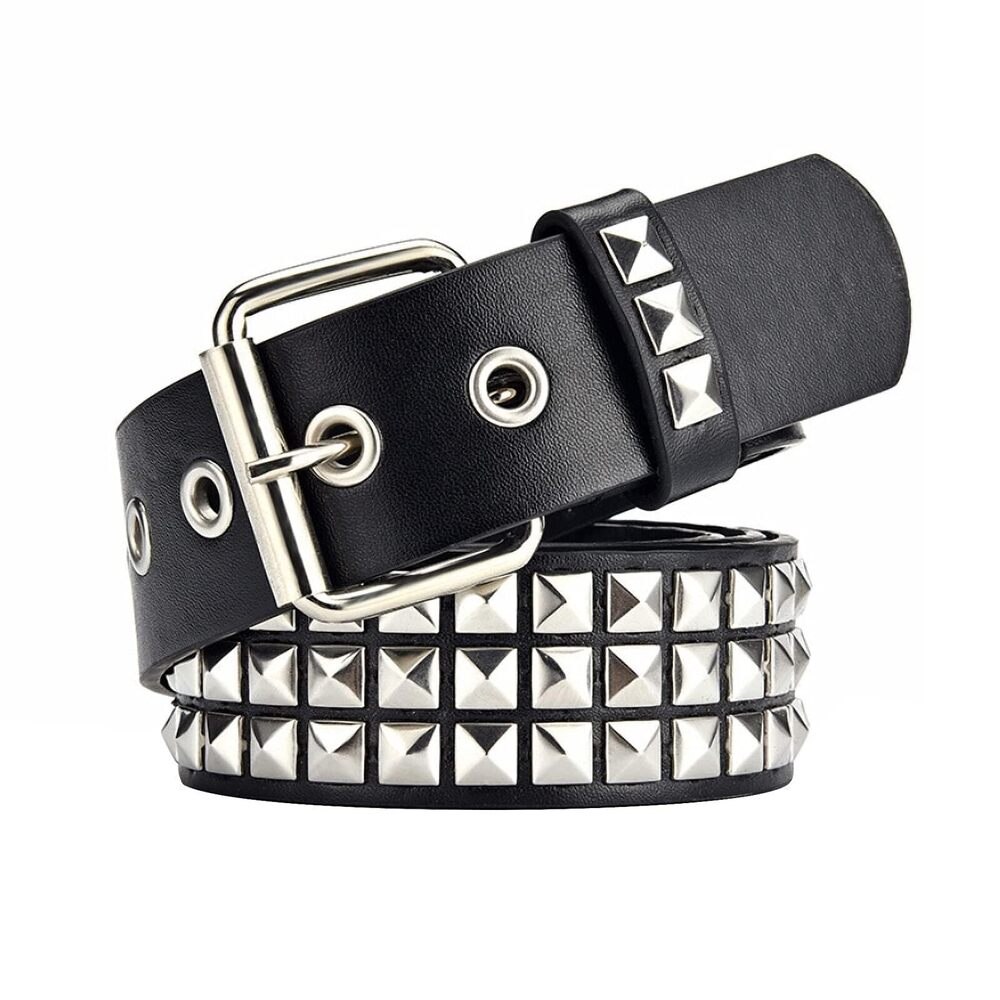 1767 Black Studded Belt Punk Rock Rivet Belt Grommet Threads Belt With Bright